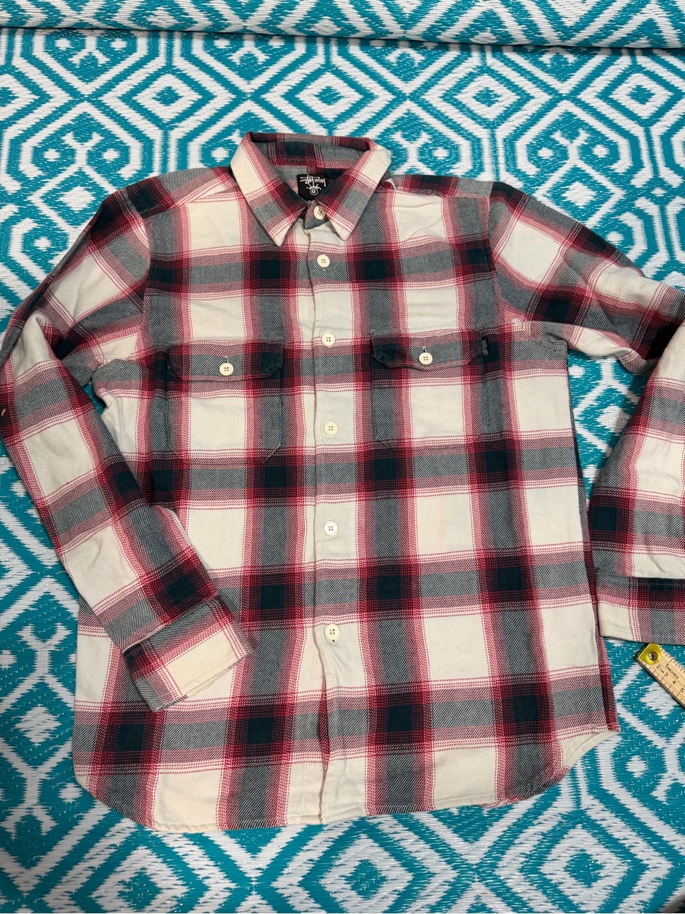 Stussy Men’s Plaid Flannel Shirt Cream Red Black Long Sleeve Button Up
